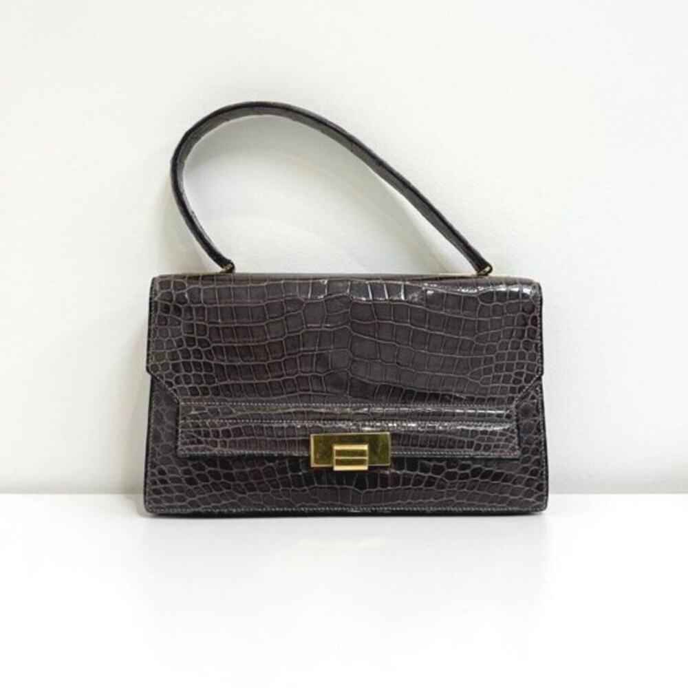 HERMES Vintage Gray Crocodile Shoulder Bag Gold Hardware Exotic Leather Handbag